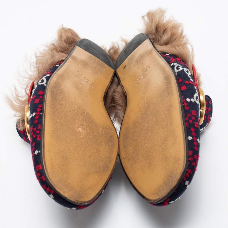 Pre Owned Gucci Multicolor Jacquard Fabric And Fur Lined Princetown Mules Sandals Size 43