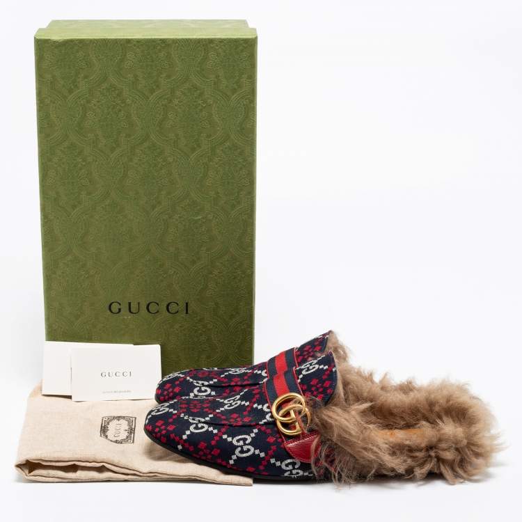Pre Owned Gucci Multicolor Jacquard Fabric And Fur Lined Princetown Mules Sandals Size 43
