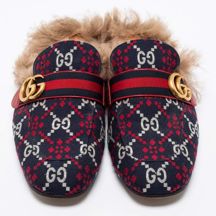 Pre Owned Gucci Multicolor Jacquard Fabric And Fur Lined Princetown Mules Sandals Size 43