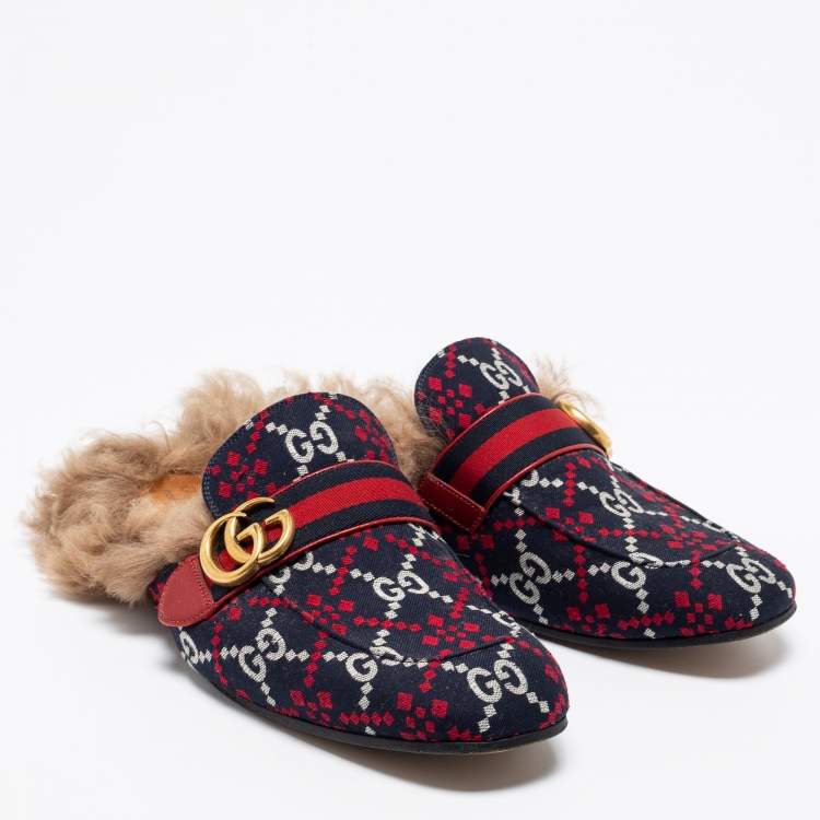 Pre Owned Gucci Multicolor Jacquard Fabric And Fur Lined Princetown Mules Sandals Size 43