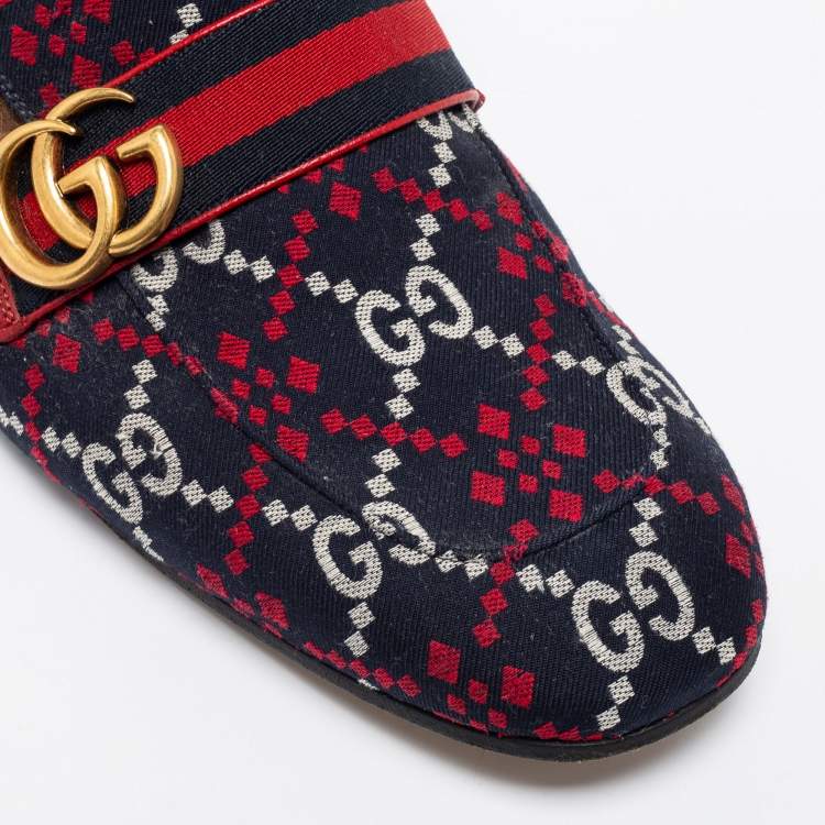 Pre Owned Gucci Multicolor Jacquard Fabric And Fur Lined Princetown Mules Sandals Size 43