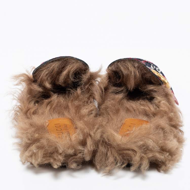 Pre Owned Gucci Multicolor Jacquard Fabric And Fur Lined Princetown Mules Sandals Size 43