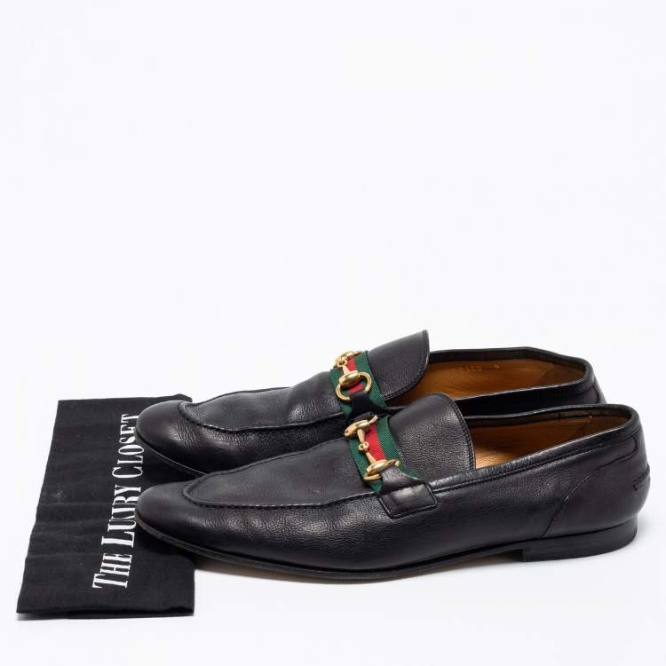Pre Owned Gucci Black Leather Web Horsebit Loafers Size 43