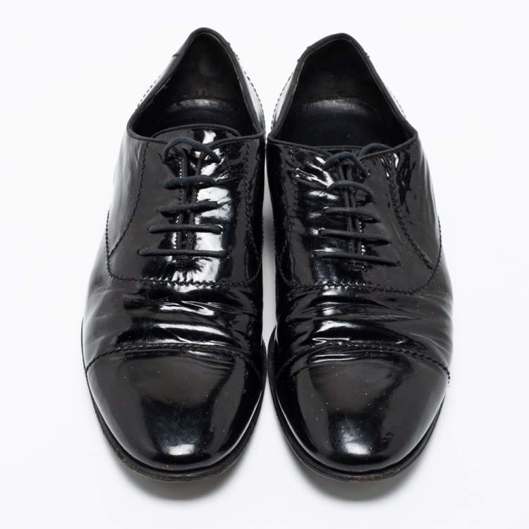 Pre Owned Gucci Black Patent Leather Cap Toe Lace Oxfords Size 40