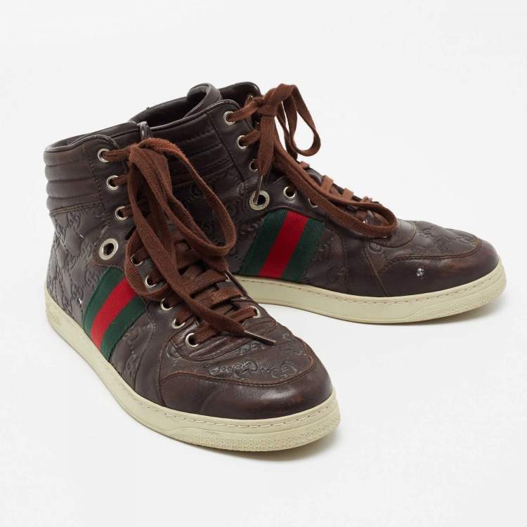 Pre Owned Gucci Brown Guccissima Leather Web Detail High Top Sneakers Size 40.5