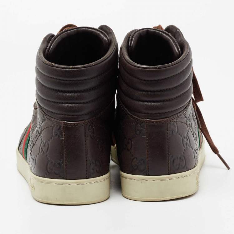 Pre Owned Gucci Brown Guccissima Leather Web Detail High Top Sneakers Size 40.5