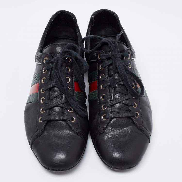 Pre Owned Gucci Black Leather Web Low-Top Sneakers Size 41