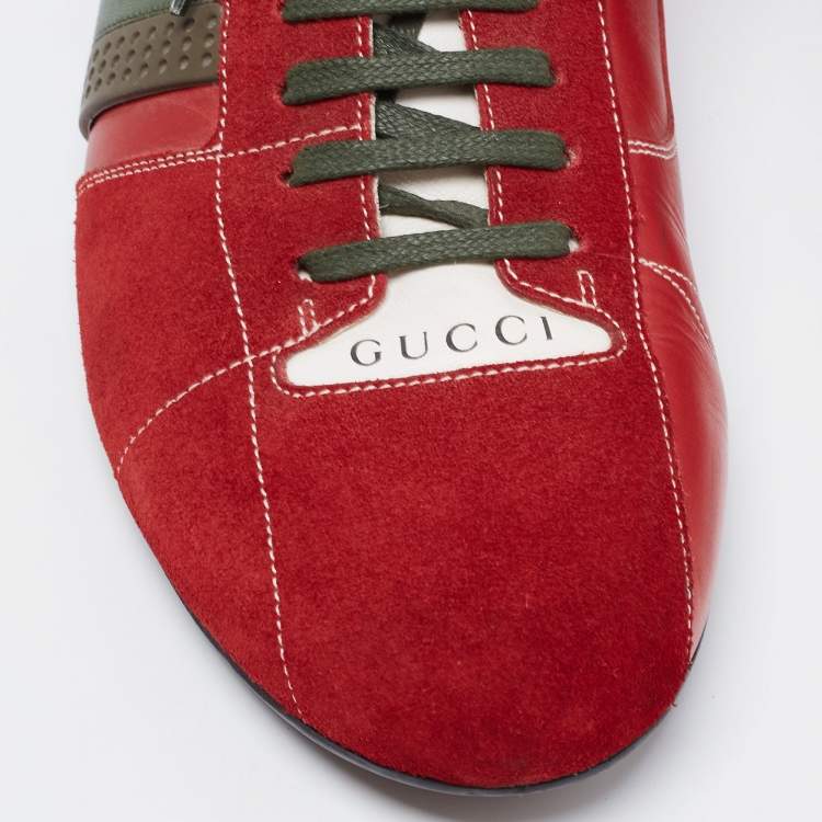 Pre Owned Gucci Red/White Suede And Leather Web Sneakers Size 44