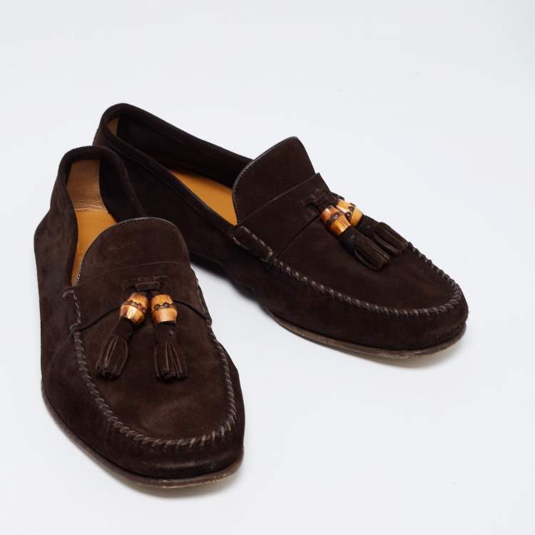 Pre Owned Gucci Brown Suede Bamboo Tassel Slip On Loafers Size 43.5