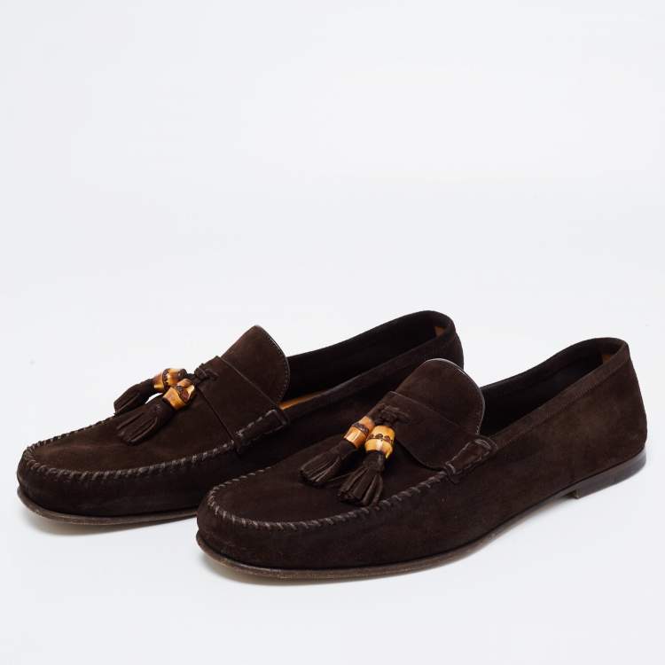 Pre Owned Gucci Brown Suede Bamboo Tassel Slip On Loafers Size 43.5