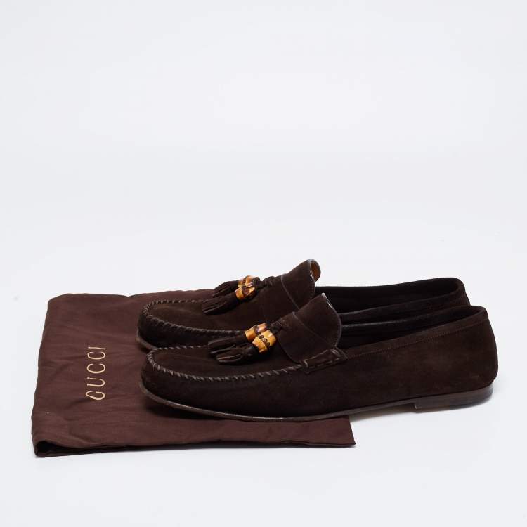 Pre Owned Gucci Brown Suede Bamboo Tassel Slip On Loafers Size 43.5