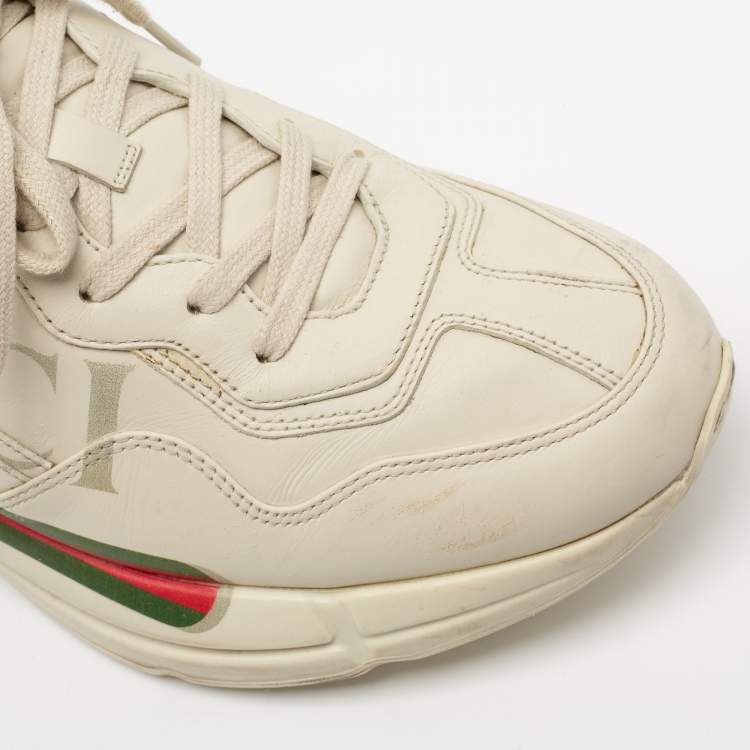 Pre Owned Gucci Cream Leather Rhyton Lace Up Sneakers  Size 43.5
