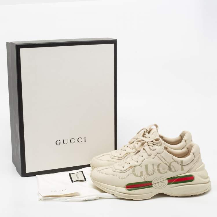 Pre Owned Gucci Cream Leather Rhyton Lace Up Sneakers  Size 43.5