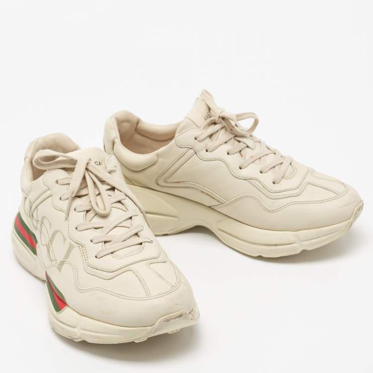 Pre Owned Gucci Cream Leather Rhyton Lace Up Sneakers  Size 43.5