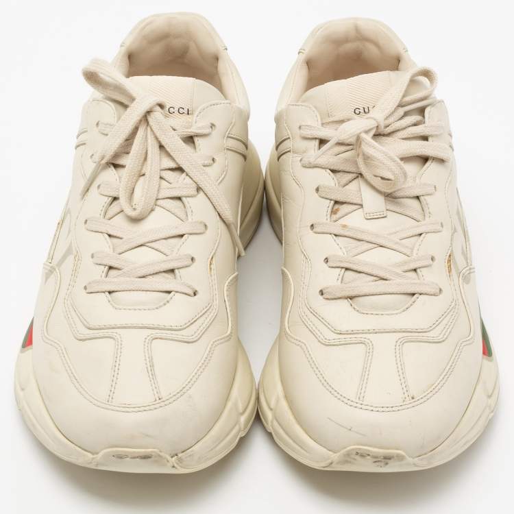 Pre Owned Gucci Cream Leather Rhyton Lace Up Sneakers  Size 43.5