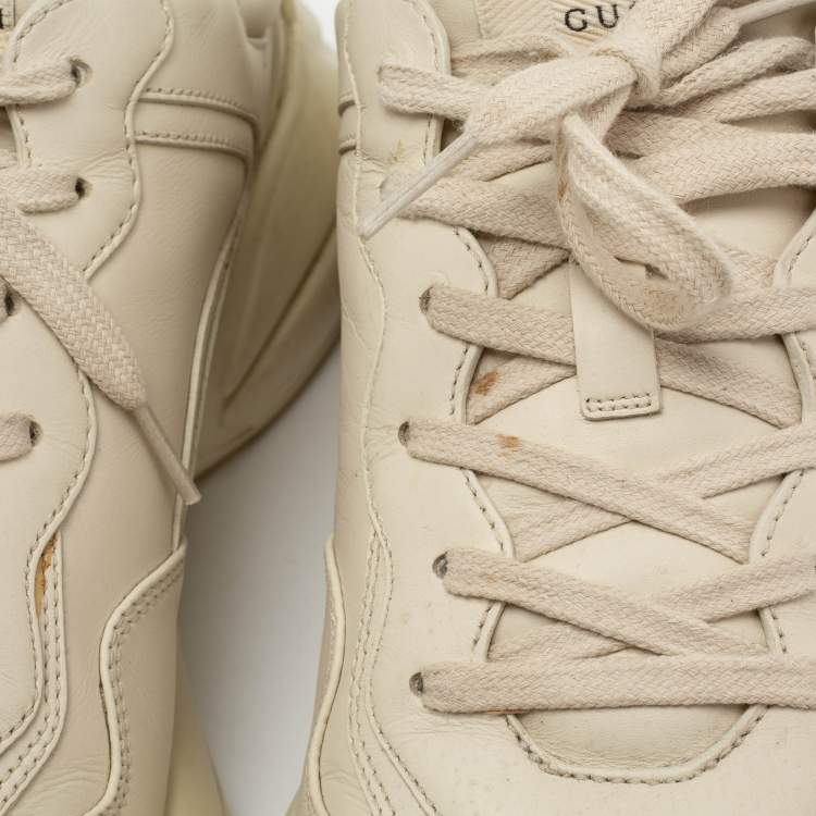 Pre Owned Gucci Cream Leather Rhyton Lace Up Sneakers  Size 43.5