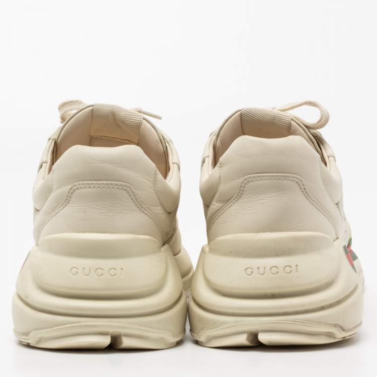Pre Owned Gucci Cream Leather Rhyton Lace Up Sneakers  Size 43.5