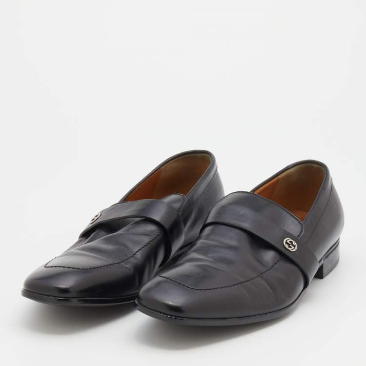 Pre Owned Gucci Black Leather Interlocking G Slip On Loafers Size 42