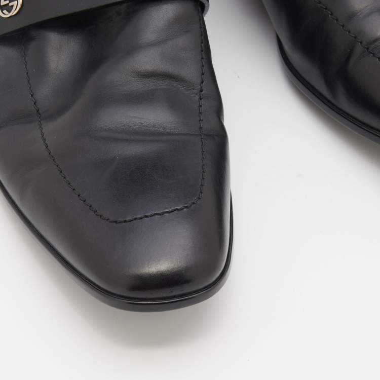 Pre Owned Gucci Black Leather Interlocking G Slip On Loafers Size 42