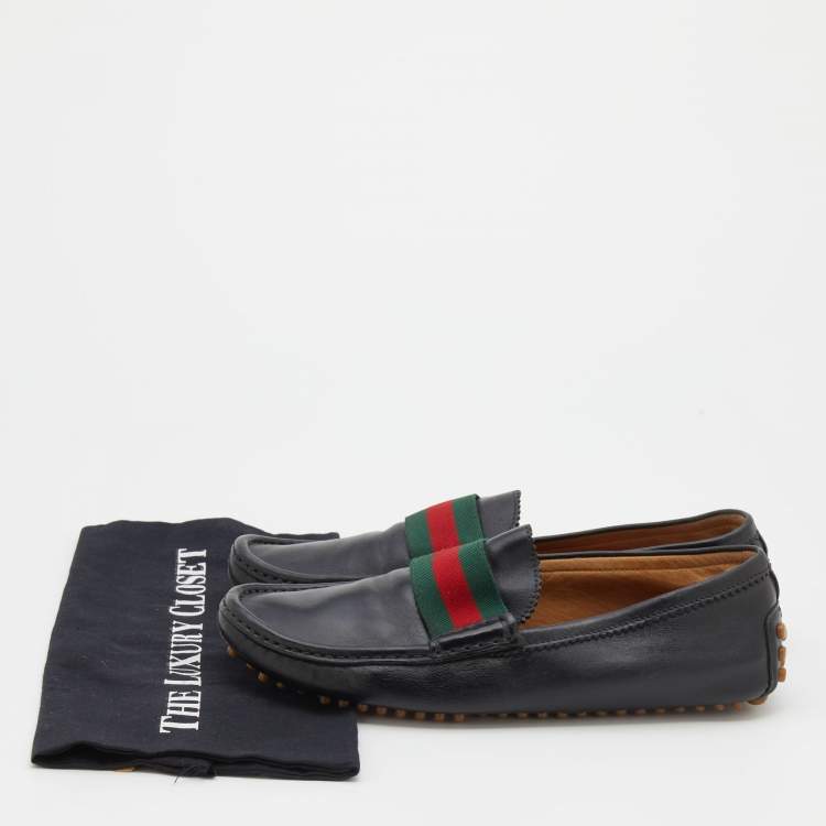 Pre Owned Gucci Black Leather Web Trim Slip On Loafers Size 41.5