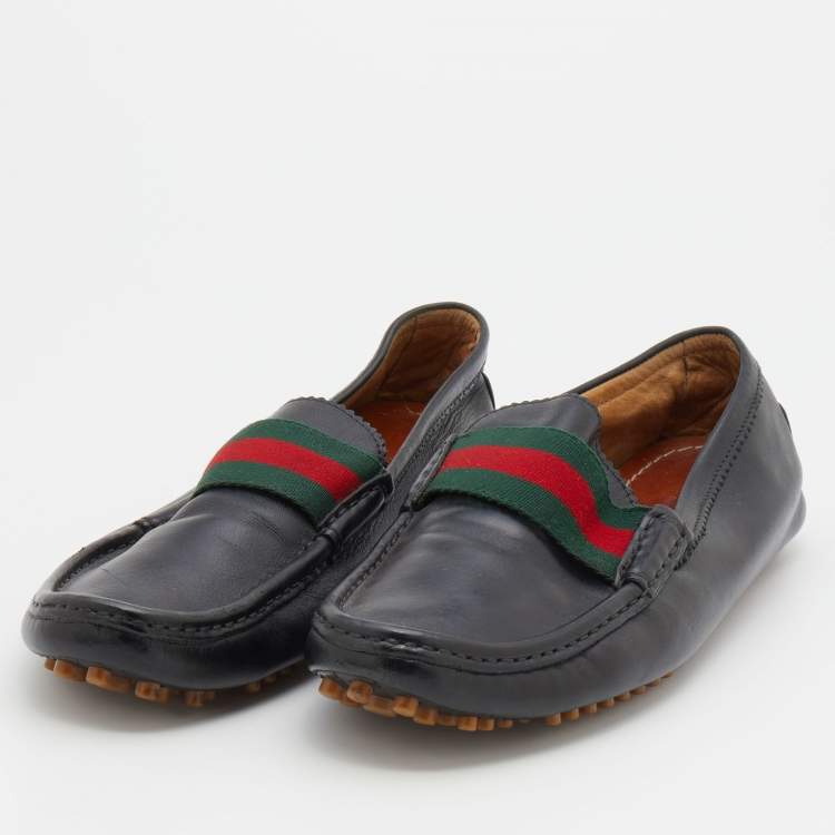 Pre Owned Gucci Black Leather Web Trim Slip On Loafers Size 41.5
