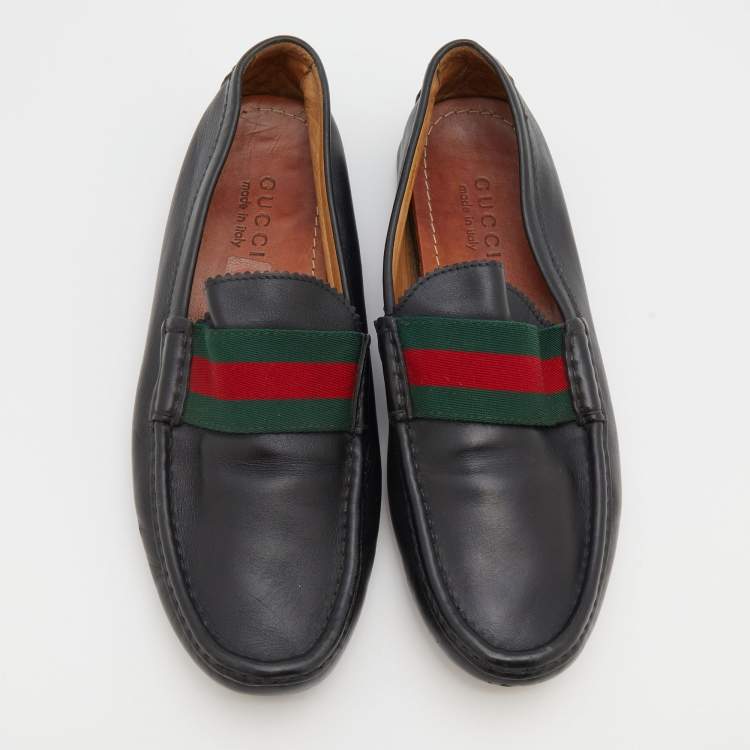 Pre Owned Gucci Black Leather Web Trim Slip On Loafers Size 41.5
