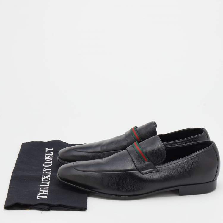 Pre Owned Gucci Black Leather Web Slip On Loafers Size 44.5