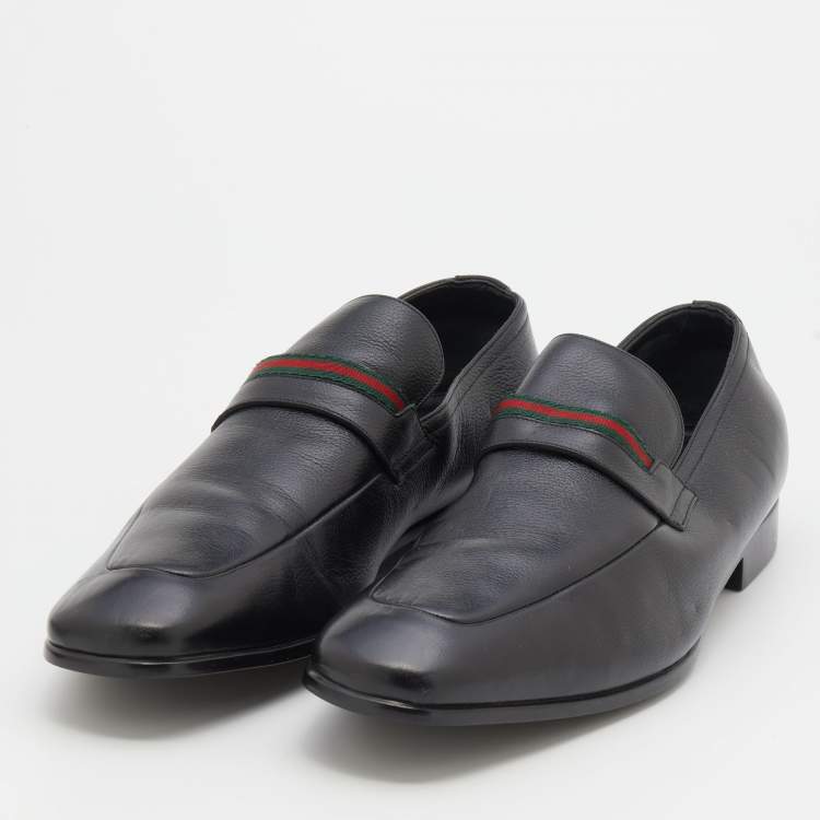 Pre Owned Gucci Black Leather Web Slip On Loafers Size 44.5