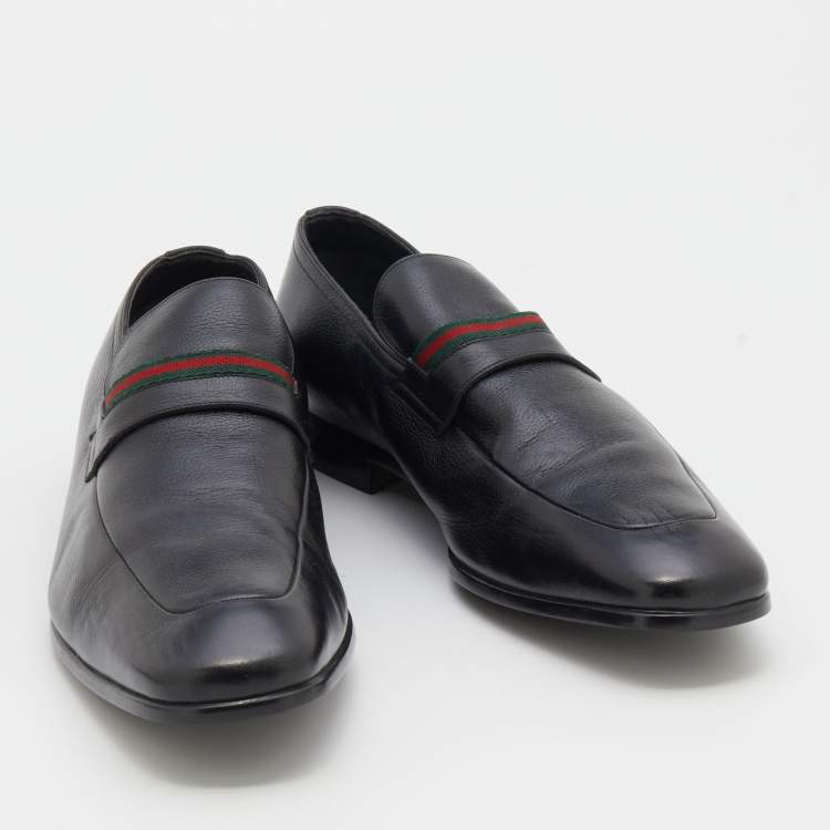 Pre Owned Gucci Black Leather Web Slip On Loafers Size 44.5