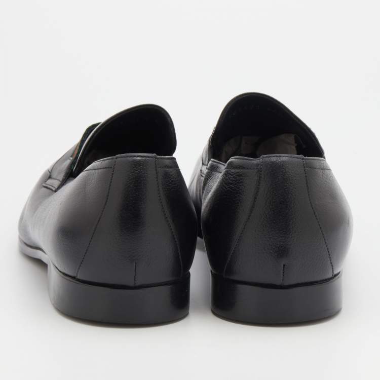 Pre Owned Gucci Black Leather Web Slip On Loafers Size 44.5