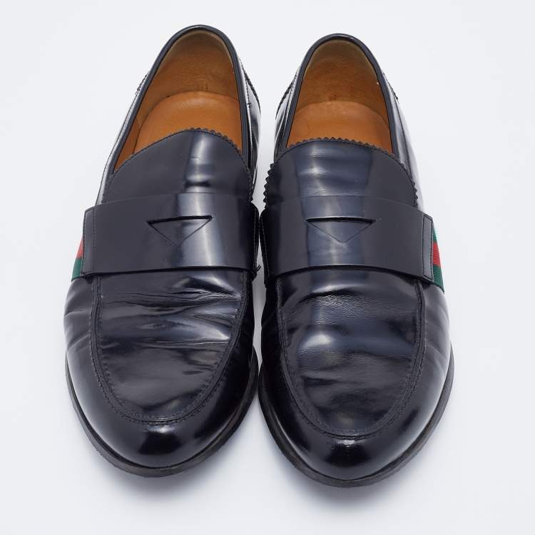Pre Owned Gucci Black Leather Web Penny Slip On Loafers Size 42.5