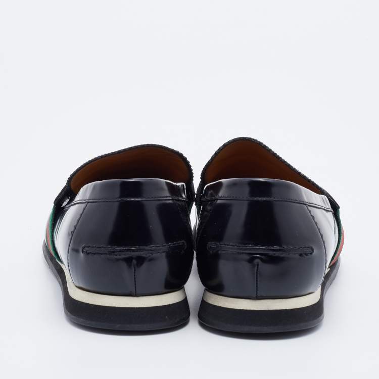 Pre Owned Gucci Black Leather Web Penny Slip On Loafers Size 42.5