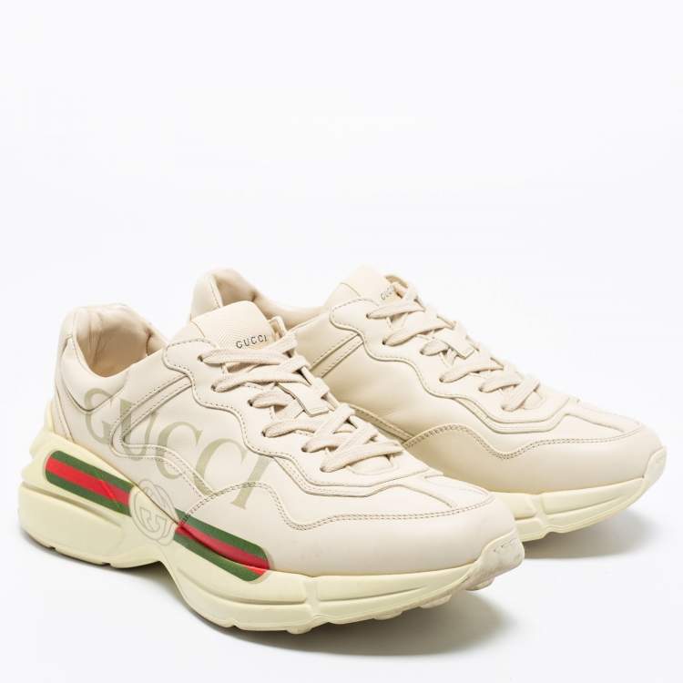 Pre Owned Gucci Cream Leather Rhyton Lace Up Sneakers Size 41.5