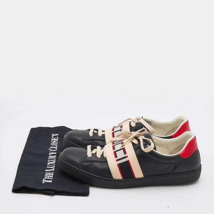 Pre Owned Gucci Black Leather And Stretch Band New Ace Logo Strap Low Top Sneakers Size 44