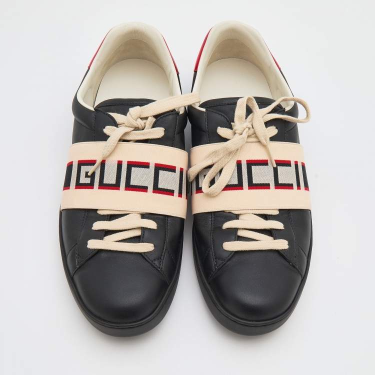 Pre Owned Gucci Black Leather And Stretch Band New Ace Logo Strap Low Top Sneakers Size 44