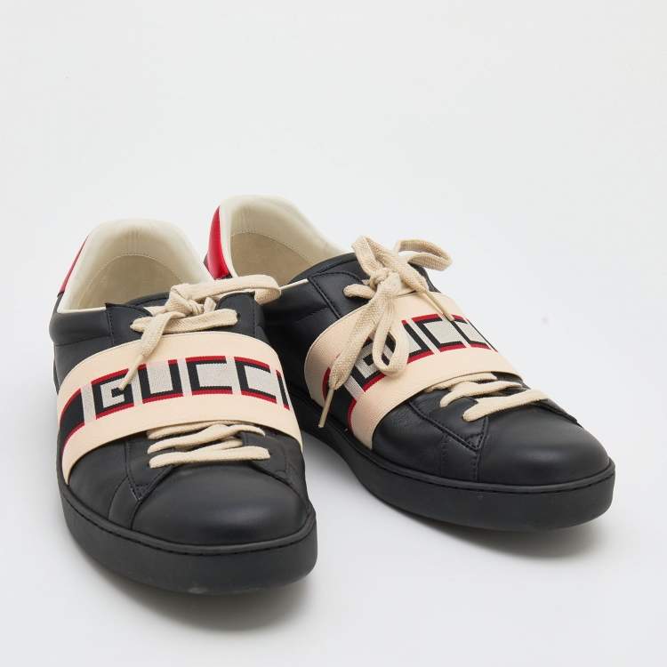 Pre Owned Gucci Black Leather And Stretch Band New Ace Logo Strap Low Top Sneakers Size 44