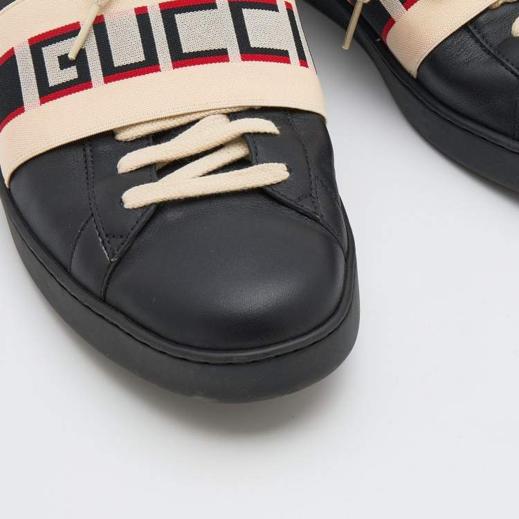 Pre Owned Gucci Black Leather And Stretch Band New Ace Logo Strap Low Top Sneakers Size 44