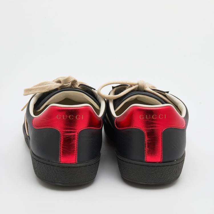 Pre Owned Gucci Black Leather And Stretch Band New Ace Logo Strap Low Top Sneakers Size 44