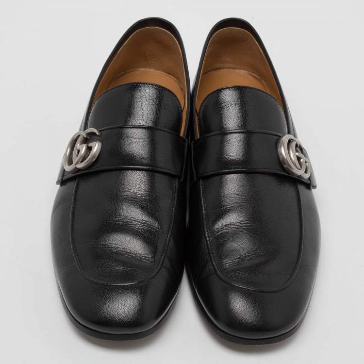 Pre Owned Gucci Black Leather GG Marmont Loafers Size 41.5