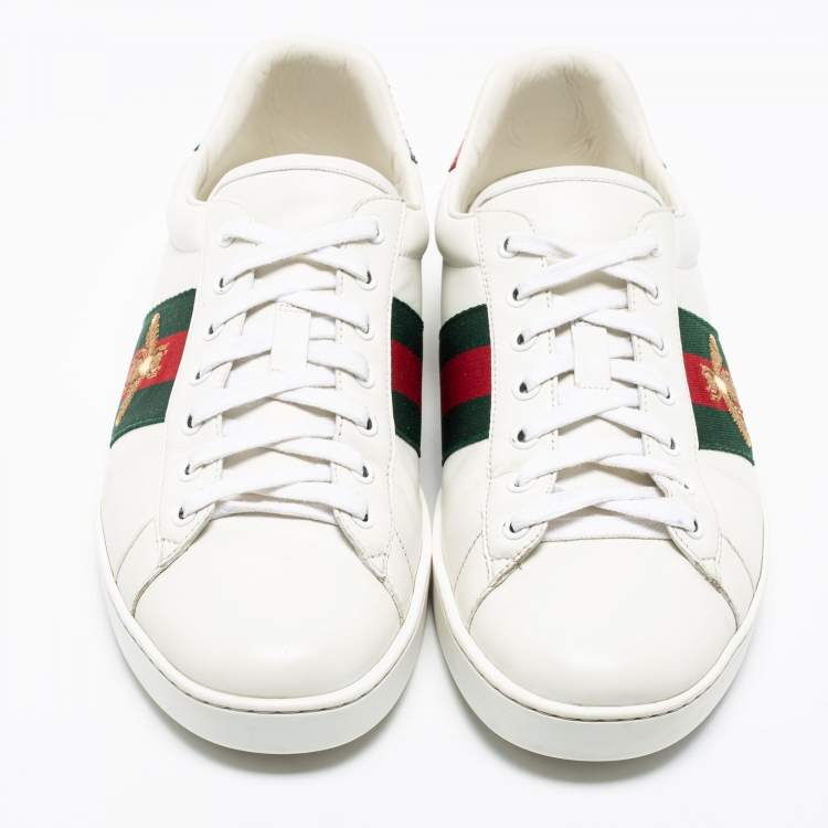 Pre Owned Gucci White Leather Embroidered Bee Web Ace Low-Top Sneakers Size 43