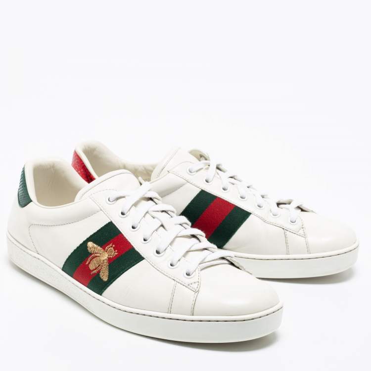 Pre Owned Gucci White Leather Embroidered Bee Web Ace Low-Top Sneakers Size 43