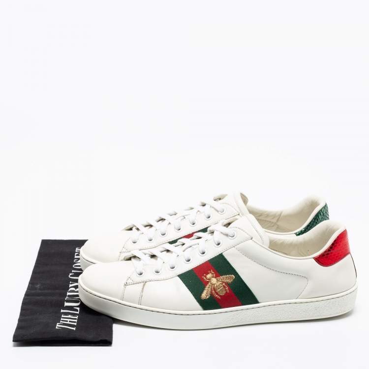 Pre Owned Gucci White Leather Embroidered Bee Web Ace Low-Top Sneakers Size 43