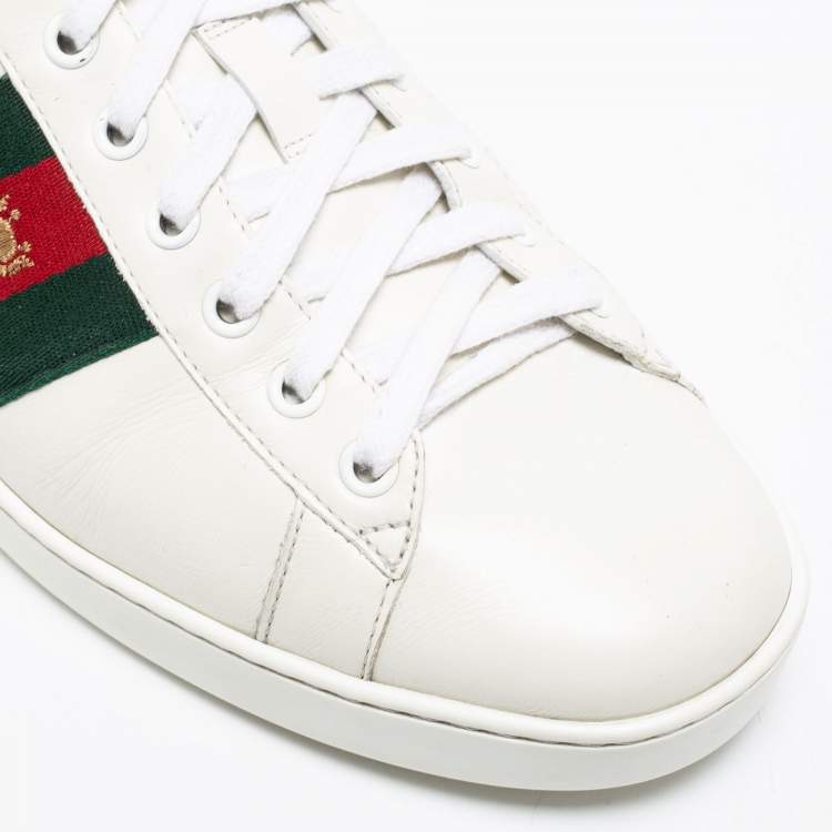 Pre Owned Gucci White Leather Embroidered Bee Web Ace Low-Top Sneakers Size 43