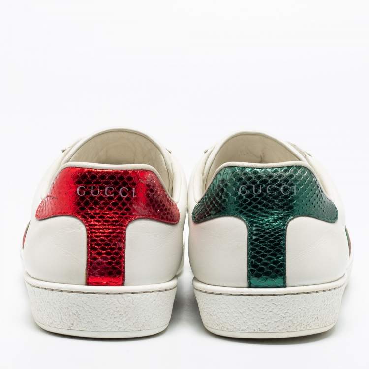 Pre Owned Gucci White Leather Embroidered Bee Web Ace Low-Top Sneakers Size 43