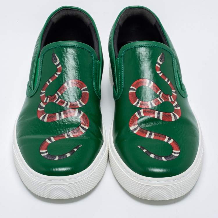 Pre Owned Gucci Green Leather Dublin Snake Slip On Sneakers Size 40.5