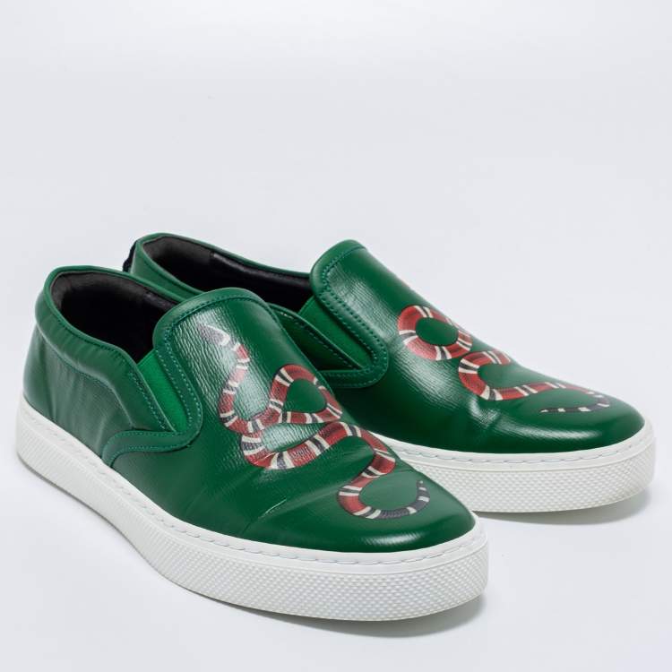 Pre Owned Gucci Green Leather Dublin Snake Slip On Sneakers Size 40.5