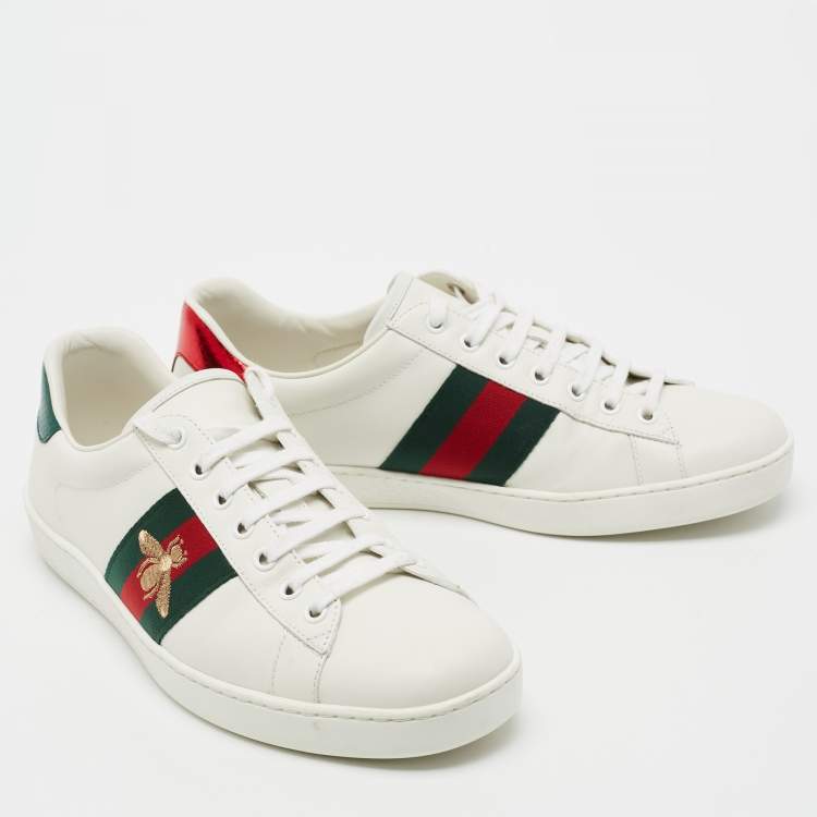 Pre Owned Gucci White Leather Embroidered Bee Ace Low-Top Sneakers Size 43