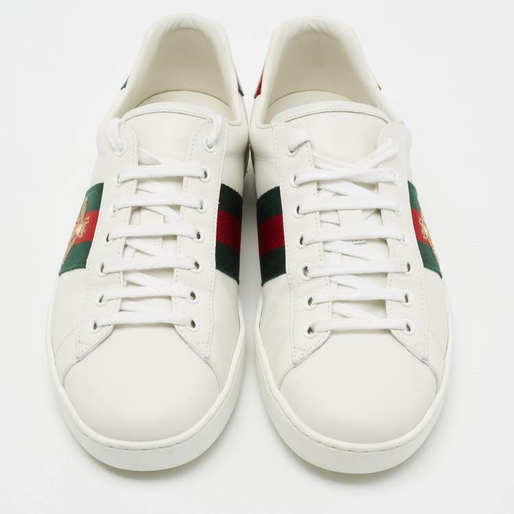 Pre Owned Gucci White Leather Embroidered Bee Ace Low-Top Sneakers Size 43