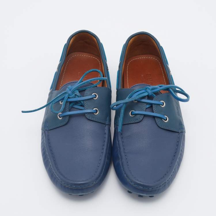 Pre Owned Gucci Blue Leather Boat Bow Slip On Loafers Size 43
