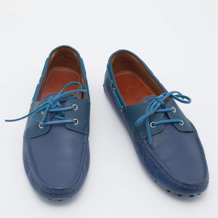 Pre Owned Gucci Blue Leather Boat Bow Slip On Loafers Size 43